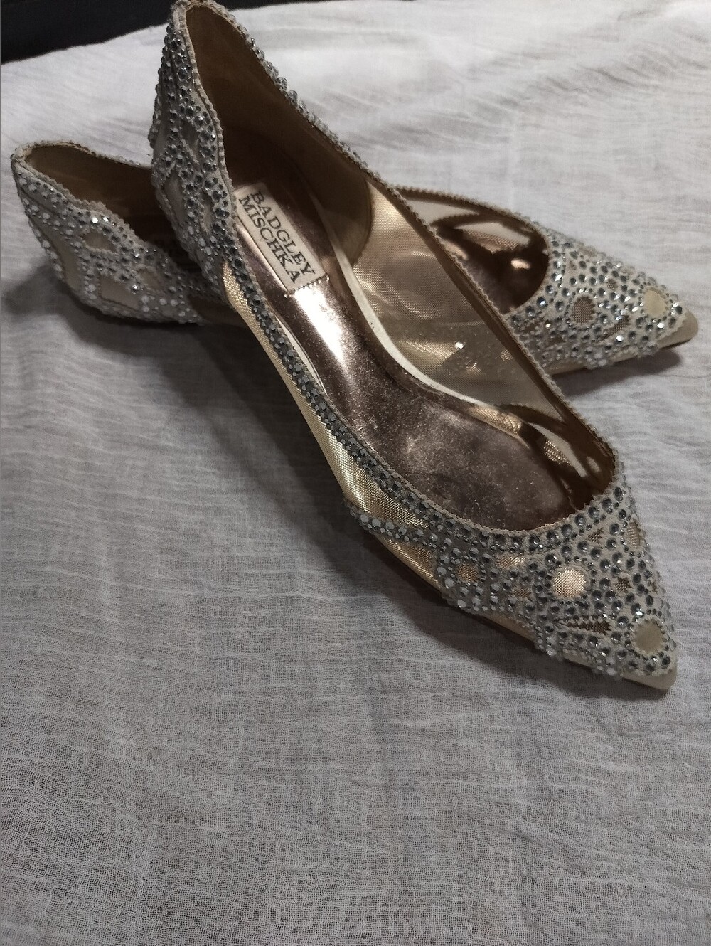 NEW Badgley Mischka Silver Crystal Embellished Light Gold Mesh Pointed Flats 7.5